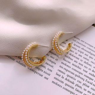 Faux Pearl Layered Open Hoop Earring B1033 - 1 Pair - White Faux Pearl - Gold - One Size