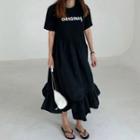 Short-sleeve Lettering Midi A-line Dress Black - One Size