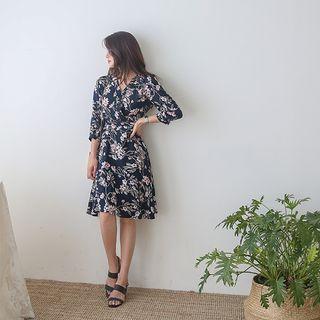 Wrap-front Floral Dress Navy Blue - One Size