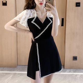 Lace Panel Sleeve Lapel Mini Dress