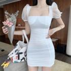 Mesh Panel Puff-sleeve Mini Bodycon Dress