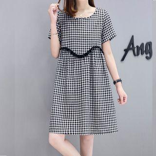 Short-sleeve Check Frill Trim Mini A-line Dress