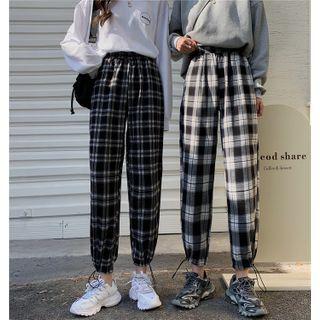 Plaid Drawstring-cuff Straight-leg Pants