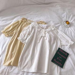 Plain Lace-up Ruffled Trim Short-sleeve Blouse