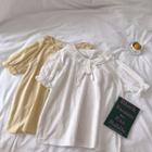 Plain Lace-up Ruffled Trim Short-sleeve Blouse