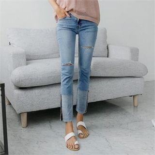Slit-knee Cuff-hem Straight-cut Jeans