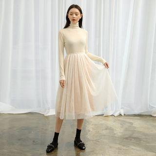 Turtle-neck Tulle-hem Dress