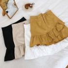 Asymmetric Plain High-waist Ruffled-trim Skirt