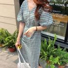 Plaid Puff-sleeve V-neck Sheath Dress As Shown In Figure - One Size
