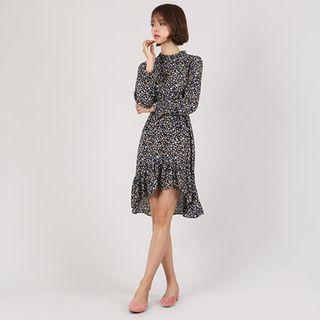 Ruffled Asymmetric-hem Chiffon Dress