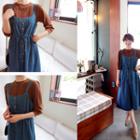 Drawstring-waist Denim Jumper Dress Blue - One Size