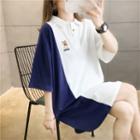 Mouse Embroidered Two-tone Elbow-sleeve Polo Dress