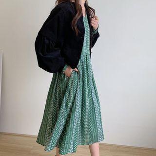 Floral Long-sleeve Dress / Plain Corduroy Long-sleeve Jacket