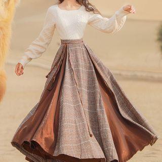 Set: Cable Knit Top + Plaid Maxi A-line Skirt