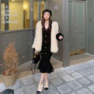 Fluffy Jacket / Ruffle Hem Knit Midi Sheath Dress
