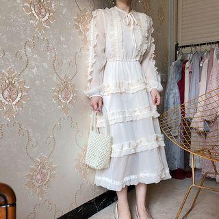 Long-sleeve A-line Midi Tiered Dress
