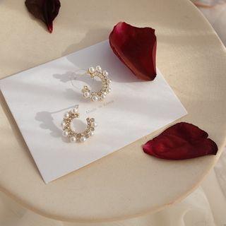 Faux Pearl Rhinestone Hoop Earrings 1 Pair - Classic Earrings - S925 Silver - One Size