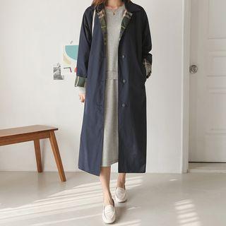 Single-breasted Check-trim Long Jacket