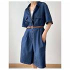 Elbow-sleeve Denim Romper Blue - One Size