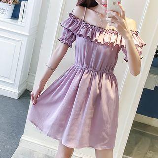 Ruffle Trim Off Shoulder Short Sleeve Chiffon Dress