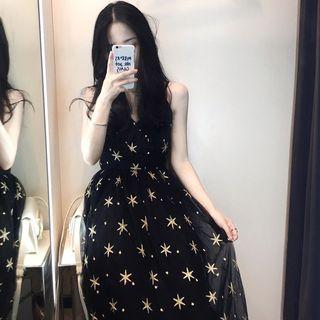 Embroidered Spaghetti Strap Midi A-line Dress
