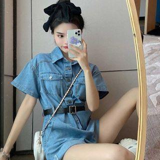 Short-sleeve Denim Playsuit / Belt