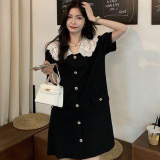 Short-sleeve Peter Pan-collar Single-breasted Mini Dress Black - One Size