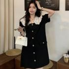 Short-sleeve Peter Pan-collar Single-breasted Mini Dress Black - One Size