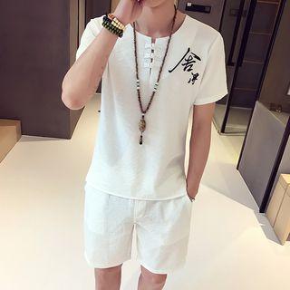 Set: Split-neck Short-sleeve T-shirt + Shorts