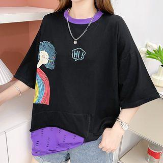 Short-sleeve Mock Two Piece Cartoon Print T-shirt