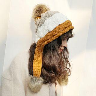 Faux Fur Color Panel Ear Flap Knit Beanie