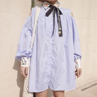 Embroidered Striped Cut Out Shoulder Shirtdress