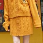 Band-waist Button-detail Cable-knit Skirt Mustard Yellow - One Size