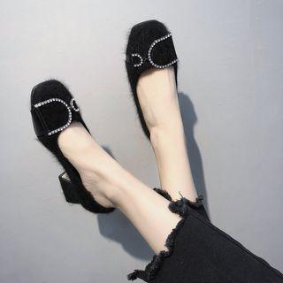 Faux Fur Rhinestone Buckled Block Heel Pumps