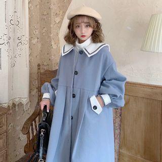 Sailor Collar Buttoned Coat / Turtleneck Top / Plaid A-line Midi Skirt