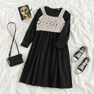 Puff-sleeve Midi A-line Dress / Crochet Lace Camisole Top