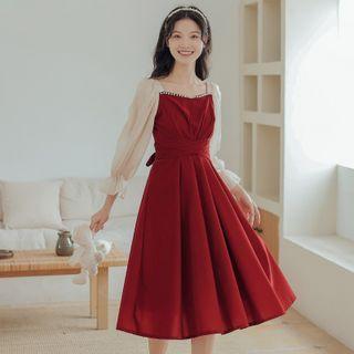 3/4-sleeve Faux Pearl Midi A-line Dress