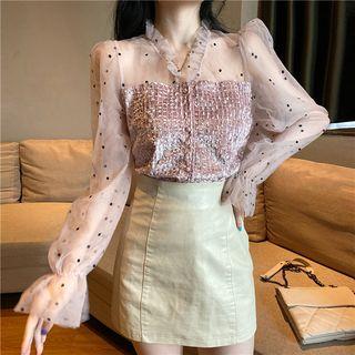 Bell-sleeve Frill Trim Polka Dot Blouse