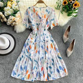 Short-sleeve Printed Chiffon Drawstring A-line Dress