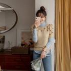Puff-sleeve Flower-pompom Knit Top