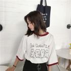 Elbow-sleeve Contrast-trim Printed T-shirt