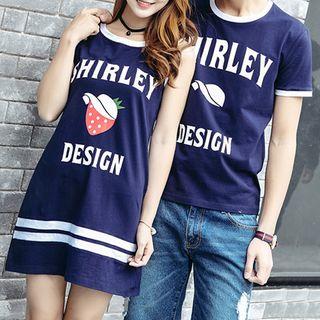 Couple Matching Lettering Short Sleeve T-shirt / Strawberry Print Tank Dress