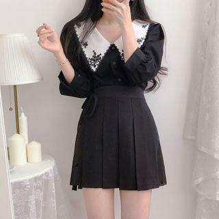 Elbow-sleeve Peter Pan Collar Frill Trim Blouse