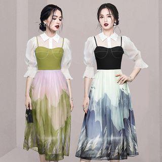 Set: Elbow-sleeve Blouse + Spaghetti Strap Print Midi A-line Dress