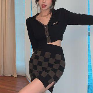 Cropped Cardigan / Checkerboard Mini Skirt