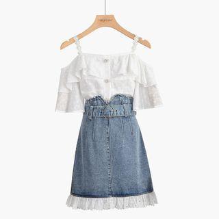 Set: Cold-shoulder Elbow-sleeve Blouse + Mini A-line Denim Skirt