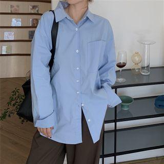 Long-sleeve Plain Shirt / High-waist Loose-fit Wide-leg Pants