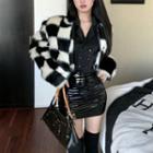 Double-breasted Shirt / Mini Pencil Skirt / Checkerboard Cropped Jacket