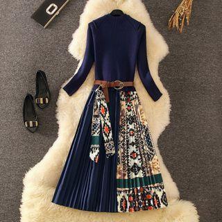 Long-sleeve Patterned Pleated Hem Midi A-line Dress