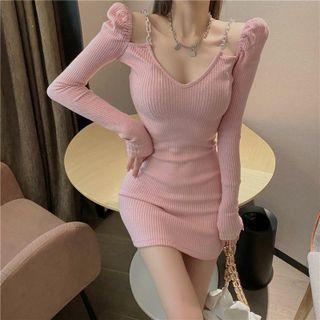 V-neck Balloon-sleeve Mini Knit Dress